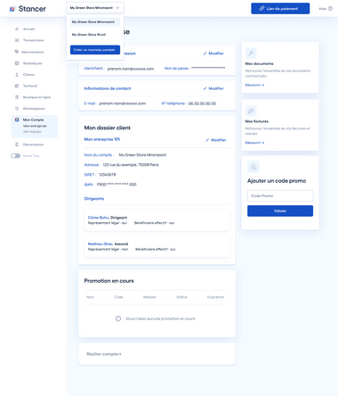 Screen de la page "Mon compte" du dashboard Stancer. Un menu déroulant avec la liste des comptes, est visible en haut de la page (dans le header), dans lequel se trouve le nouveau bouton "Ajouter un nouveau compte".