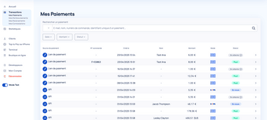 Capture d'écran du dashboard Stancer. Extrait de la page "Mes Paiements" listant les derniers paiements effectués.